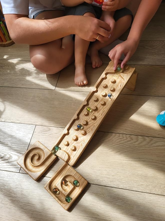 Wooden Marble Run Track Race Machine Set Maze Board Ball Run Montessori STEM Toy Gift for Kids Course Winding Roller Track Game Educational Construction Toy Gift for Kids (Rocks)