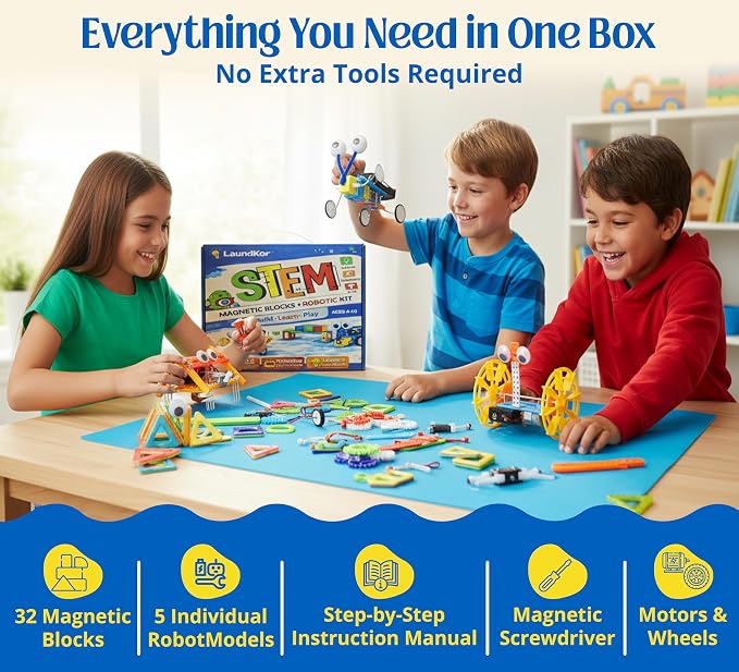 5 Robotic Kits in 1 STEM Building Set with 32 Magnetic Blocks, Build 6 Real Moving Robots, Engineering Construction Toy for Kids Ages 6-12, Educational STEM Gift for Boys & Girls