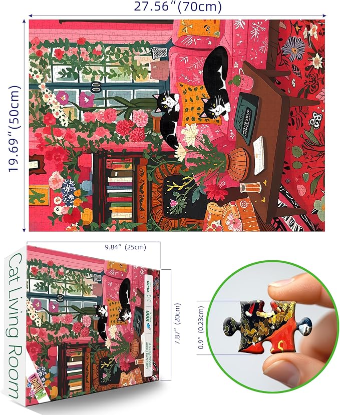 1000 Piece Puzzle for Adults, Spring Cozy Room & Cat Puzzles for Adults 1000 Pieces with HD Print & Poster, 27.5 * 19.7 in Dust Free, for Gifts Halloween Christmas Family Games Lovers