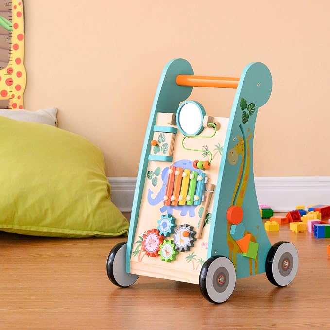 Teamson Kids Preschool Play Lab Wooden Baby Walker and Activity Station, Natural/Blue | Activity Station