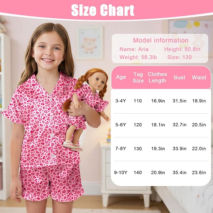 ICOSY Matching Doll & Girls Silk Pajamas Satin Pjs for Girls Button-Down Top and Shorts for 18" Doll Girl Clothes