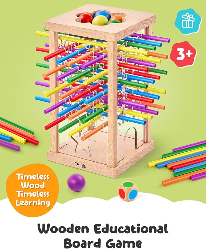 Montessori Wooden Board Game, 42 Colorful Sticks Board Games for Kids 4-6, Math Montessori Toys for 3 4 5 6 Year Olds Fine Motor Skills Toy Family Travel Games, Wooden Stick Game, Gift Boys Girls