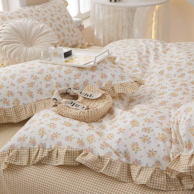 French Style Ruffle Floral Comforter Set Twin XL Vintage Garden Floral Bedding Comforter Reversible Yellow Plaid Bedding Set Rose Flowers Botanical Comforter Set with 2 Pillowcases for All Season