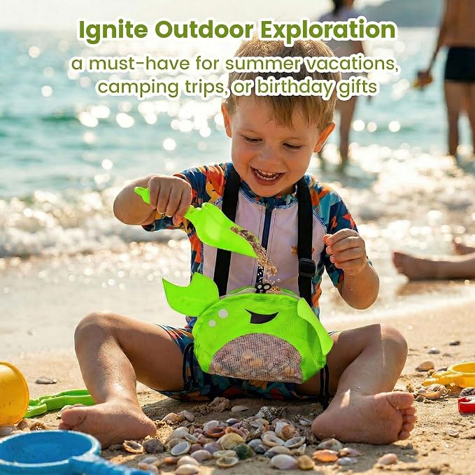 AMOR PRESENT Mesh Baby Beach Bag, Shell Collecting Bag with Shovel Crab-Shaped Adjustable Strap for Holding Shell Sea Pool Sand Toy, Green