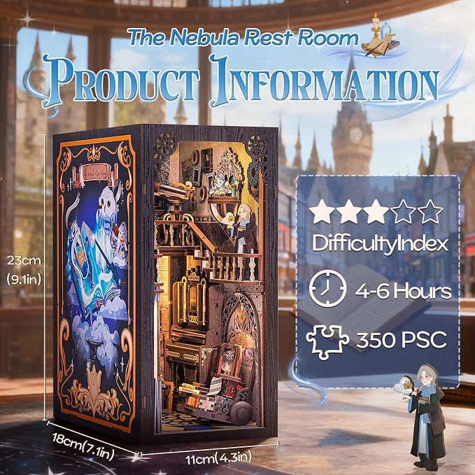 Fsolis Book Nook Kit, 3D Wooden Puzzles for Adults (Nebula Common Room) | DIY Booknook Miniature Decorative Bookends with Light and Dust Cover Gifts for Women Readers Book Lovers