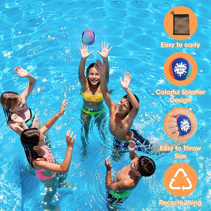Korlon Skipping Water Balls, 4 Pack Skip Water Bouncing Ball with Mesh Bag, Summer Water Pool Toys for Kids Ages 4-8 8-12 Adults Games Cool Lake Beach Fun