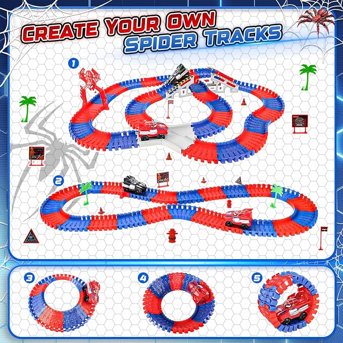 Spider Race Track Toys for Boys 4-6 - Monster Truck Toys for 3 4 5 6 7 8 Year Old Boys Girls, Toddler Tracks Playset with 2 Electric Spider Cars, Kids Christmas Birthday Gifts Age 3-4 3-5 6-8 (212PCS)