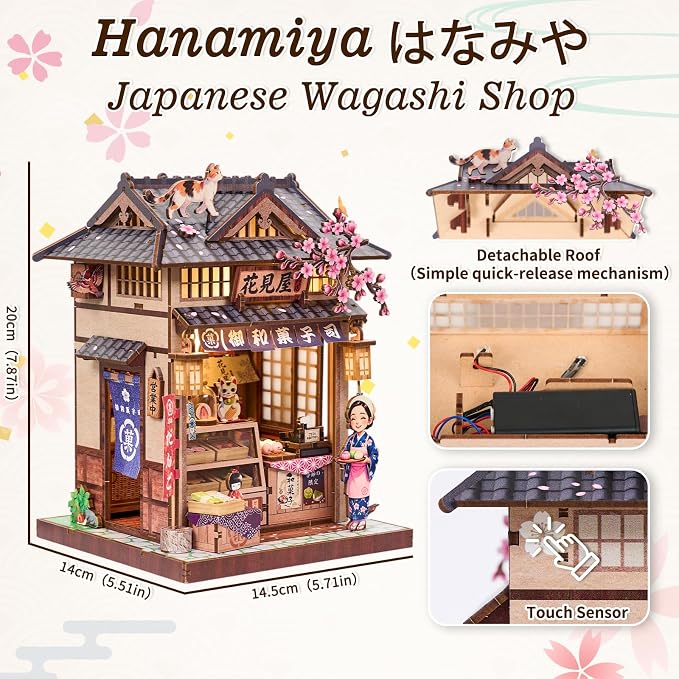 DIY Miniature Dollhouse Kit, Japanese Wagashi Shop 3D Wooden Puzzle with LED Light, Cherry Blossoms & Furniture, Cozy Home Decor, Relaxing Craft Hobby for Adults,Hanamiya