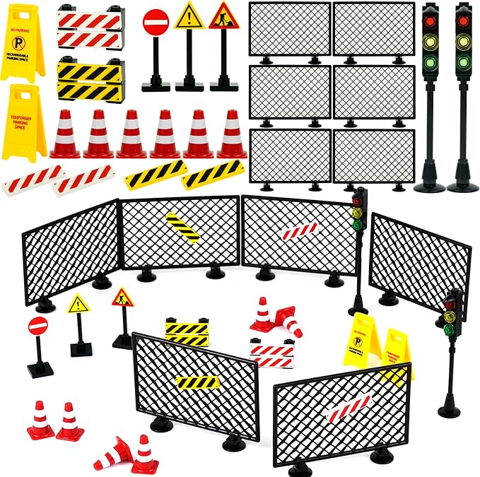 City Road Signs Bricks Accessories, Construction Site Street Signs, Mini Traffic Cones & Crosswalk Signal Toys for Kids Building Blocks Toys for Boys Girls