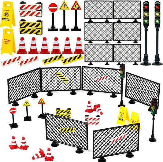 City Road Signs Bricks Accessories, Construction Site Street Signs, Mini Traffic Cones & Crosswalk Signal Toys for Kids Building Blocks Toys for Boys Girls