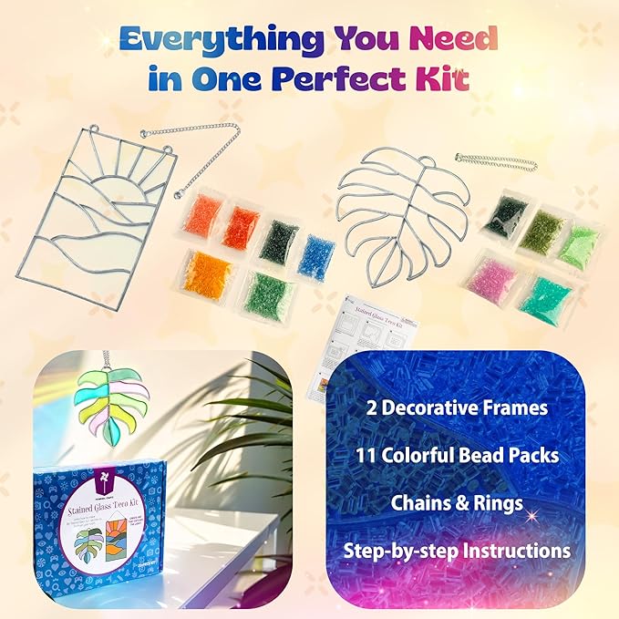 Pinwheel Crafts DIY Stained Glass Kit for Kids - Stain Glass Art Gift Set with 2 Decorative Frames, Hanging Chain, Ring and Colored Beads - Fun Windows Art Suncatcher Kit for Kids, Teens and Adults