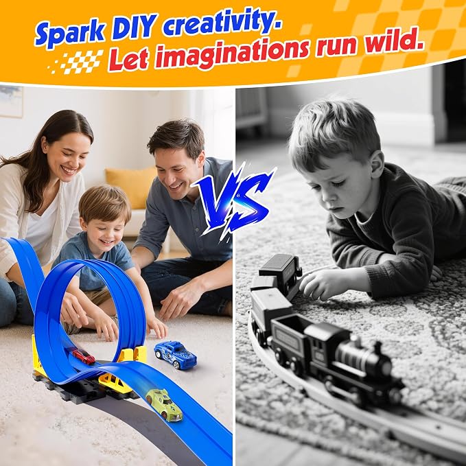 16-Ft Flexible Race Track Set for Kids, DIY Roll-Up Racetrack with 2 Launchers & 6 Mini Cars, Suction-Cup Portable Track Compatible with 1:64 Die-Cast Cars, Indoor & Outdoor Gift for Boys Girls 3+
