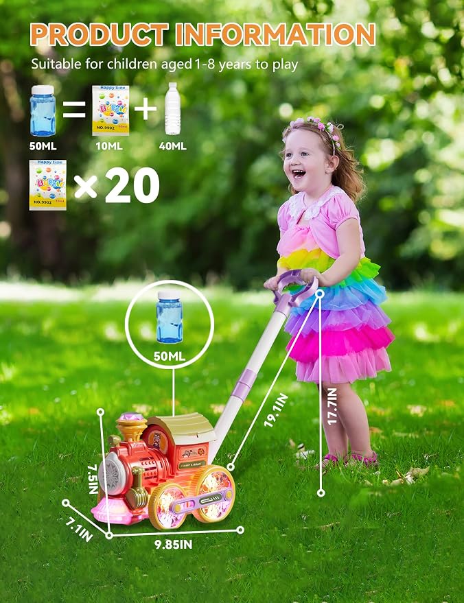 Bubble Machine,Bubble Blower Maker,Bubble Lawn Mower for Toddlers,Bubble Music Train with Light,Summer Outdoor Push Backyard Toys for 1-8 Ages,Christmas Birthday Gifts for Preschool Boys Girls (Red)