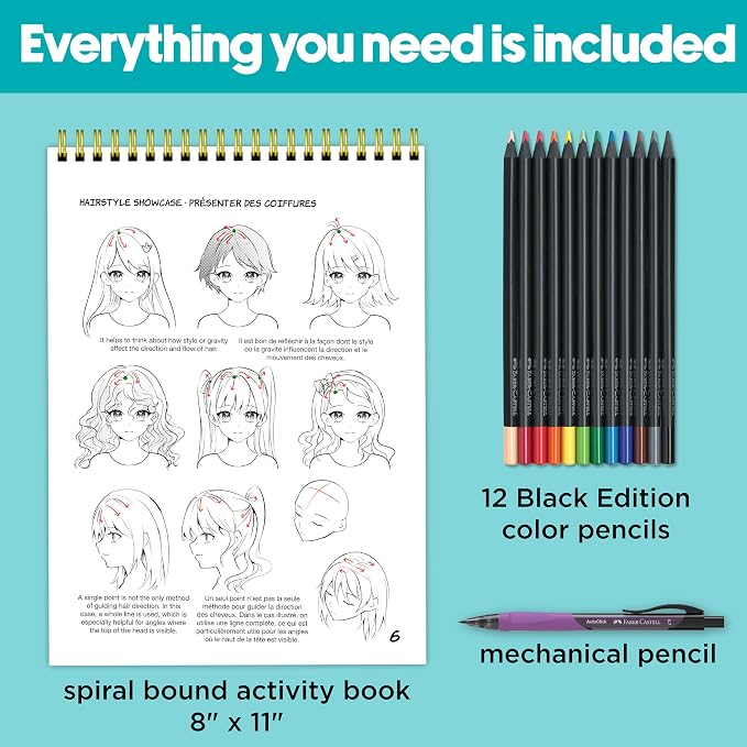 Faber-Castell Anime Drawing Kit: Shojo Edition | Step-by-Step Instruction Book with 20 Practice Pages, Color Pencil Set & Drawing Supplies for Kids, Summer Craft Supplies(1 Book)