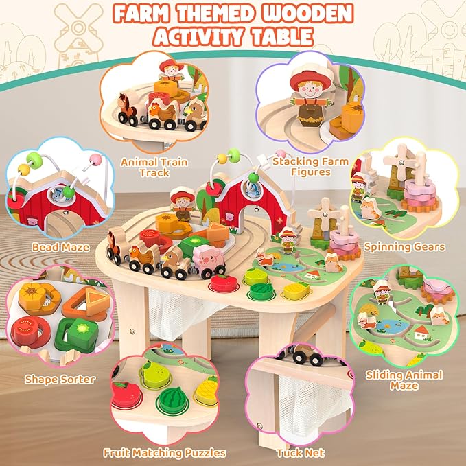Weilim Montessori Activity Table for 1 Year Old — Wooden Sensory Table Baby Activity Center with Bead Maze, Shape Sorter, Train Track, Farm Toddler Toy, Educational Standing Play Toys, Kids 12+ Months