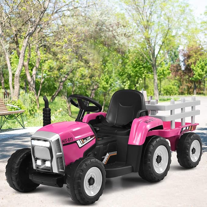 Costzon Ride on Tractor with Detachable Trailer, Kids' Electric Vehicles w/3-Gear-Shift Ground Loader, Wireless Design & USB, 7 LED Headlights, Remote Control Tractor Toy for Kids 3+ (12V, Pink)