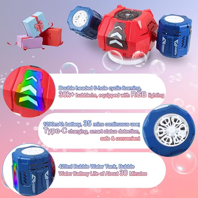 New RC Bubble Machine with RGB Lights, 360° Auto Rotation Bubbles Toy, Rechargeable Battery, Bubble Blower Maker for Kids, Parties, Birthday Gift, Weddings, Indoor Outdoor Activity, Red-Blue