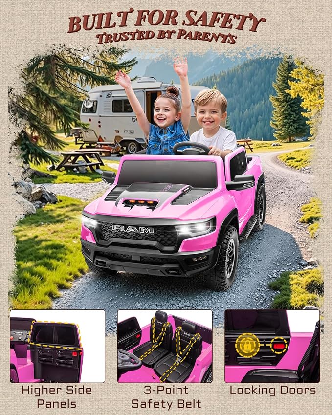 First Ride On 24V Ride On Toys for Big Kids, RAM 1500 RHO 2 Seater Ride on Car w/Remote, Battery Powered Truck w/ 4 Wheels Suspension, Toddler Car w/Bluetooth, LED Lights, Trunk