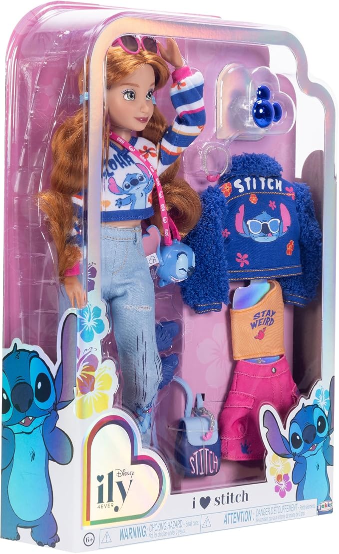 Disney ILY 4EVER Fashion Dolls Red Hair Stitch 11.5" Tall with 13 Points of Articulation, Two Complete Mix-and-Match Outfits and Mickey Ring for You!