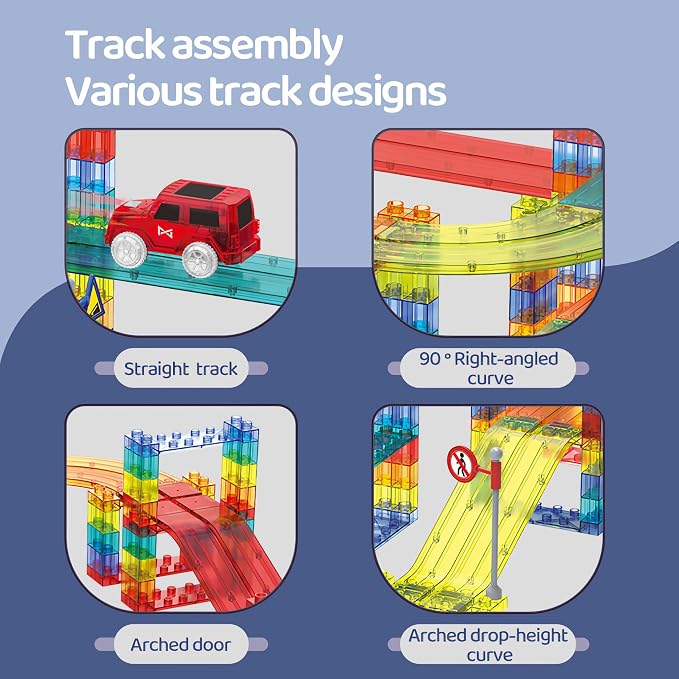 Magnetic Tiles Race Car Track Set STEM Engineering Slot Cars on Flexible Car Tracks 63PCS Educational Magnet Building Blocks Magnetic Car Toys for Kids