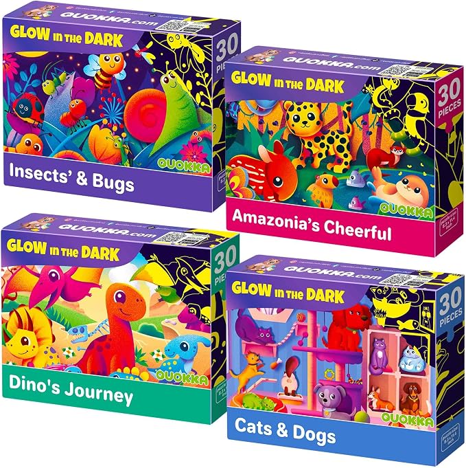 QUOKKA Puzzles for Toddlers 4-6 – 4x30 Pieces Puzzles for Kids Ages 3-4 – Glow-in-The-Dark Dinosaur & Animals Learning Jigsaw Puzzle for Kids 3-5 Years Old