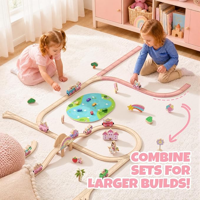 Hot Bee 110PCS Wooden Train Set, Toy Train Track Set for Toddlers Girls 2-4, Pink Wood Train Track with Fairies & Unicorns, Girl Train Set Birthday Gifts for 2 3 4 5 6 7 Year Old