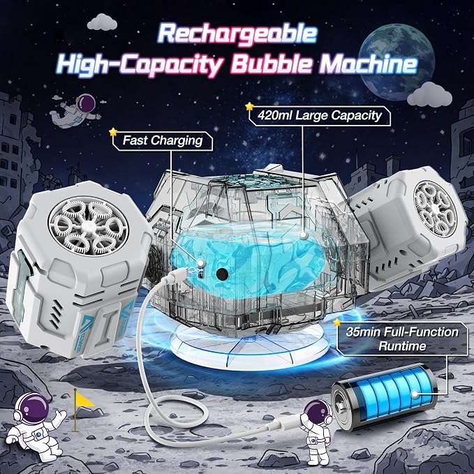 cossy Rechargeable Bubble Machine, 360° Automatic Rotation Bubble Machine for Kids, Bubble Maker with Remote Control, RGB Lights & 20000+ Bubbles Per Minute, Outdoor Toys Games for Kids/Adults (White)