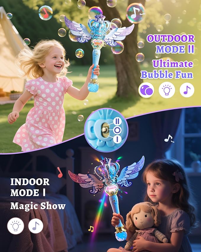 Uregoio Princess Bubble Wands Machine for Kids with Rotating Design, Outdoor Bubble Maker Toys for Kids Ages 4-8, Rechargeable Light Up & Music Fairy Wands, Party Birthday for 3+ Year Old Girls(Blue)