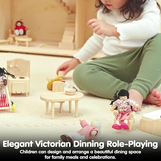 PlanToys® Wooden Victorian Dining Room Set | Montessori Dollhouse Dining Setup for Social Interaction, Mealtime Play & Imaginative Storytelling | Eco Friendly Wooden Dollhouse Dining Furniture