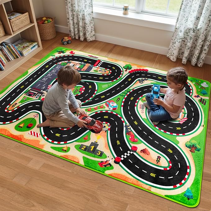 Kids Car Rug for Play Toy Cars, 4'11" x 3'3" Non-Slip Race Track Play mat Carpet Kid Road Rugs for Playroom Classroom Kids Room,Karting Road Racing Track Floor Mat Rug for Bedroom(for Age 2+,Green)