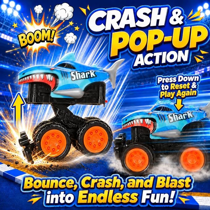 2 Exploding Pack Monster Trucks for Boys Age 4-7, Dinosaur and Shark Light Up Push and Go Toy Cars with Music, Friction Powered Birthday Gifts for Kids Ages 3-7