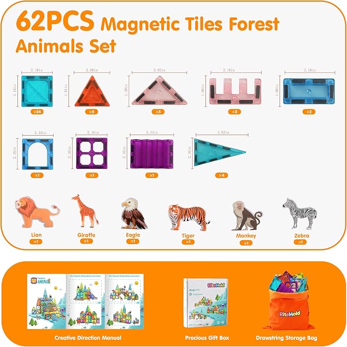 Magnetic Tiles for Kids 62PCS Magnet Animals Tiles Building with Storage Bag Set for Toddler Construction STEM Tiles Micro Toys Gifts for Ages 3-8 Preschool Boys Girls Birthday Christmas