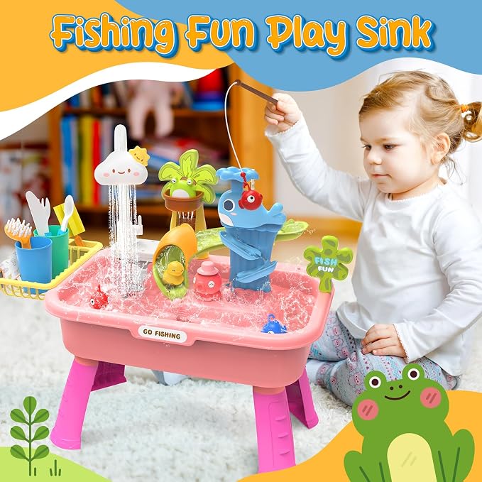 2026 Upgraded Water Table for Toddlers 1-3 - Play Sink with Running Water & Electric Faucet, Pretend Play Kitchen Sink Toy, Outdoor Sensory Summer Toys for Kids Ages 4-8, Fishing Game, Blue