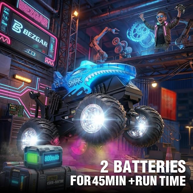 BEZGAR 1:20 Shark Monster Truck Toys, 360°Stunt RC Cars Rotation Monster Trucks with Music, 2 Batteries and Wireless LED Strobe Lights, Remote Control Car for Boys 4 5 6 7 8 9 Years Old(Blue)