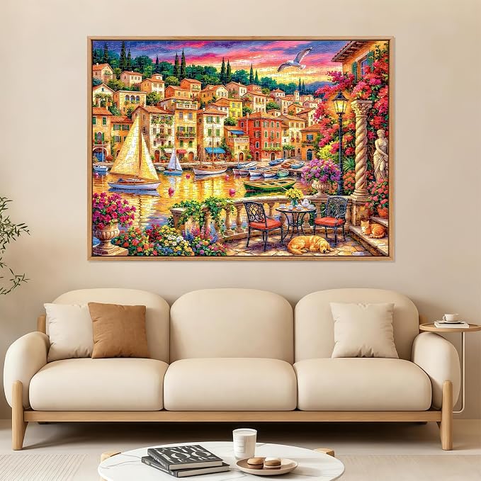 1000 Piece Puzzle for Adults, Seaside Harbor Sunset Jigsaw Puzzles for Adults 1000 Pieces, Fun Challenging Family Landscape Puzzle with Letters on Back, Colorful Harbor Houses Puzzles for Adults
