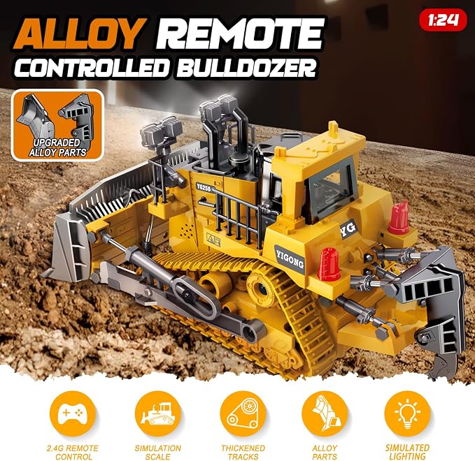 RC Bulldozer Toy for Kids,1:24 Scale 9-Channel Remote Control Track-Type Dozer with Light& Sounds,2 Rechargeable Batteries Dozer Construction Vehicle Toy for Boys Gift