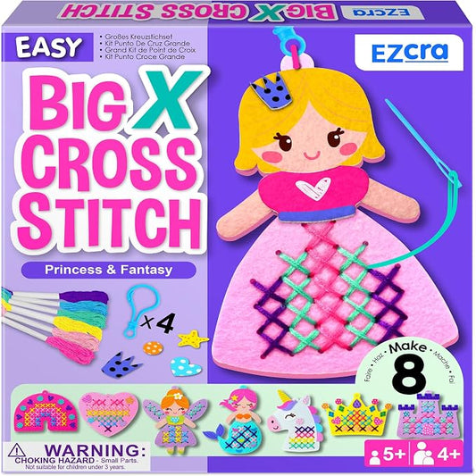 EZCRA Beginner Needlepoint Cross Stitch Kit for Kids Ages 5-8 - Princess Easy Embroidery Starter Set with Jumbo Plastic Needles, Pre-Printed Patterns, Instructions - DIY Arts & Crafts for Girls & Boys