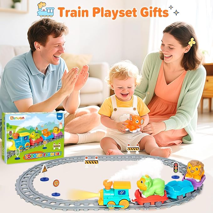 Electric Train Set for Toddlers, Realistic Steam Train Toys with Tracks for Kids 2-4, Animal Toys for Toddlers with Music & Lights, Christmas Birthday Gifts for 1 2 3 4 5 Year Old Boys Girls
