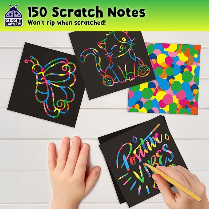 PURPLE LADYBUG Scratch Art for Kids - 150 Rainbow Scratch Art Mini Notes Arts and Craft Supplies, Crafts for Kids Ages 4-12, Summer Activities for Kids Camping & Summer Crafts