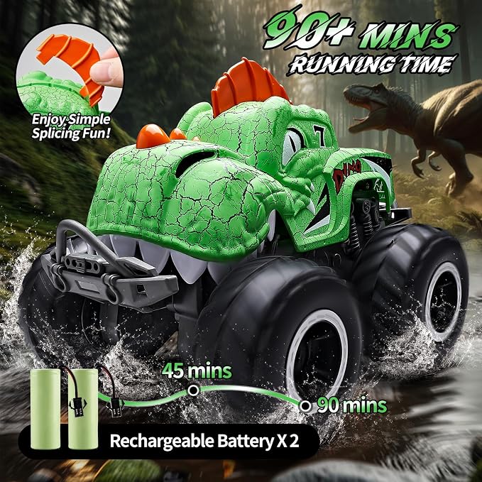 Amphibious Remote Control Car, 1:20 Waterproof Dinosaur Monster Trucks for Boys Age 4-7, 2.4GHz All Terrain RC Cars with 2 Batteries, 360° Rotating Stunt RC Car Toy Birthday Gift for Kids 3-5