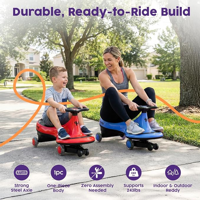 Hurtle Swing Ride On Car, Wiggle Car Toy for Kids, No Pedals, Batteries or Gears, Safe Toddler Ride On Toy with Twist & Go Motion, for Indoor & Outdoor Use, Suitable for Kids Above 2 Years, Red