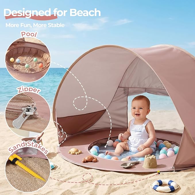 Monobeach Baby Beach Tent with Pool: Brown Pop Up Sun Shade Tent for Toddler, UV Protection Portable Outdoor Shelter, Foldable Camping Canopy for Beach, Backyard & Travel