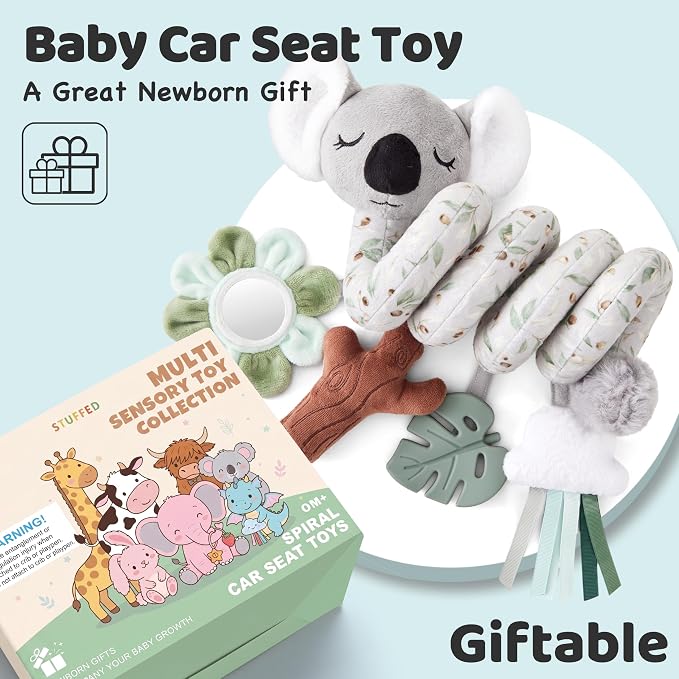 Stuffed Aesthetic Koala Spiral Car Seat Toys for Babies, Gender Neutral Infant Stroller Toy with Teether Hanging, Baby Registry Search Must Haves 0-6 Months