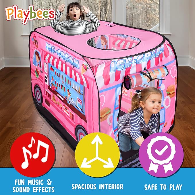 Playbees Musical Ice Cream Truck Pop Up Play Tent with 3 Openings - Tent for Toddlers - Indoor & Outdoor - Pop Up Tents for Kids - Includes Carry Bag and Sound Button- 43.5x28x26.5 Inch