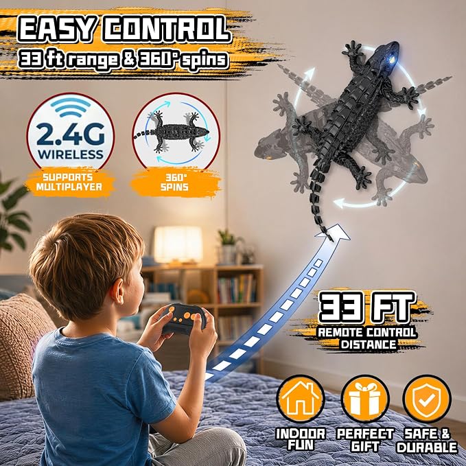 RC Wall Climbing Gecko, Rechargeable Wall Crawler Lizard for Kids Toys, 360° Rotating Remote Control Robot with Light, RC Stunt Car Toys for 3-12 Year Old Boys Girls Kids