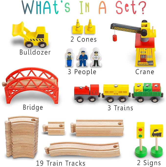 KipiPol Wooden Train Sets for Boys 2-4-7 – 38 Pcs Wood Train Set for Toddlers w/Crane, Bridge & Wooden Train Tracks – Train Toys for 3 Year Old Boys & Girls – Fits Thomas Brio IKEA Melissa and Doug