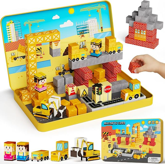 Magnetic Blocks Travel Kit: 100PCS Engineering Construction STEM Building Cubes with N32 Strong Magnets, Carry Tin Storage, Birthday Gifts for 3-8 Year Old Boys