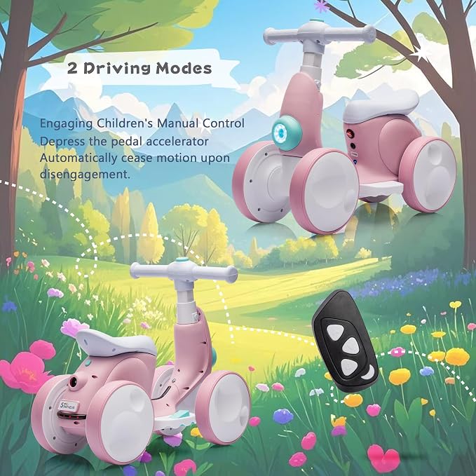 6V Electric Baby Balance Bike for 1 Year Old Boys Girls Ride on Toys 12-36 Months Toddler Balance Bike, 4 Wheels Kids First Bike with Remote Control First Birthday Gifts- Pink