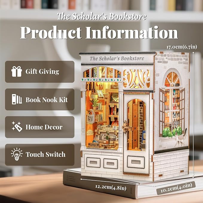 Fsolis Book Nook Kit - DIY Miniature House Kit with Cat | Booknook Bookshop 3D Wooden Puzzles for Adults Tiny Building Kit Gifts for Women Book Lovers (The Scholar's Bookstore)
