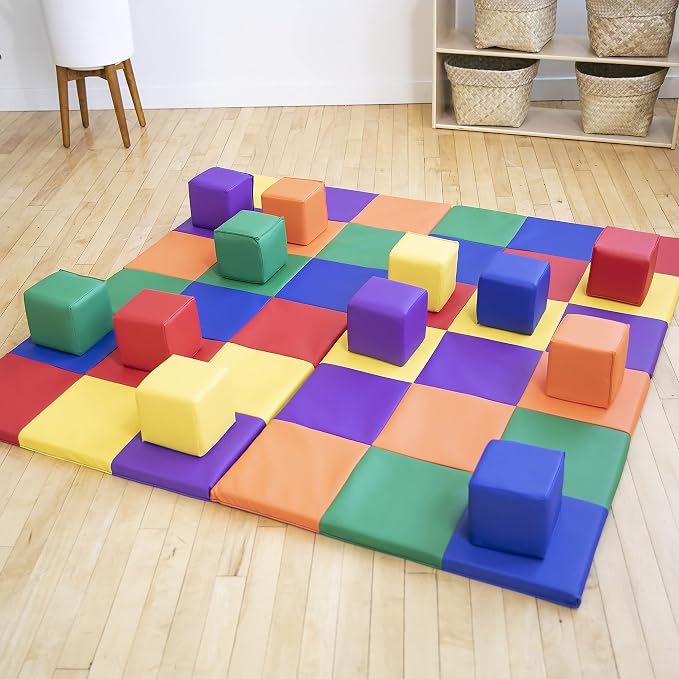 ECR4Kids SoftZone Patchwork Toddler Activity Mat and 12 Stacking Block Set, Colorful Baby Crawling and Tummy Time Foam Pad and Building Blocks, Padded Infant Floor Mat, Foldable Design